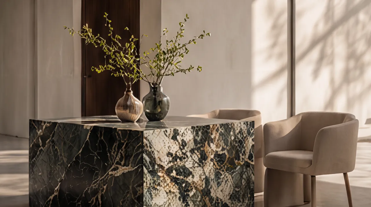 Table sculptée dans un marbre vert veiné d’or, dans un séjour baigné de lumière