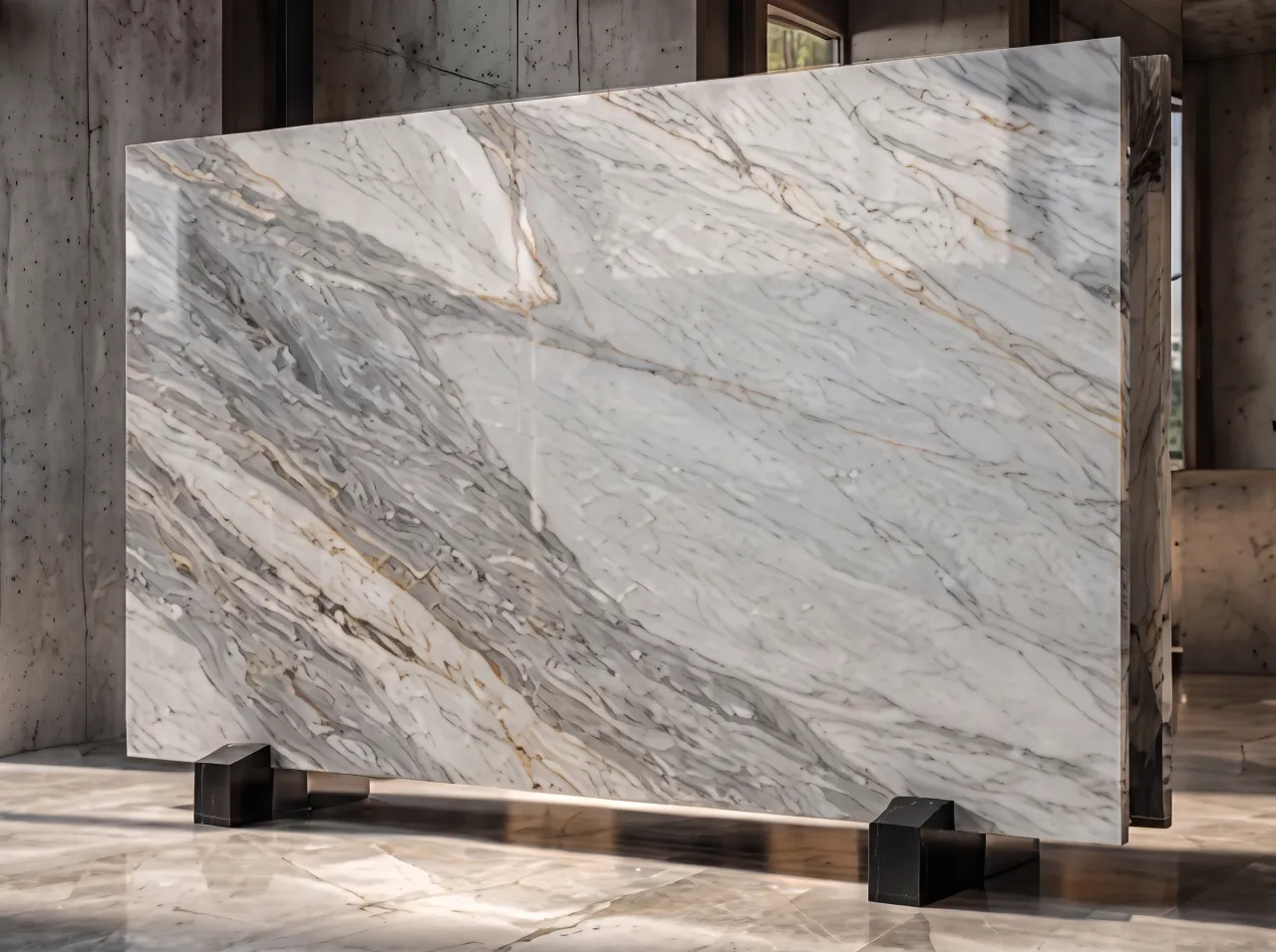 Grande dalle de marbre blanc veiné de gris et d’or, dressée dans un showroom